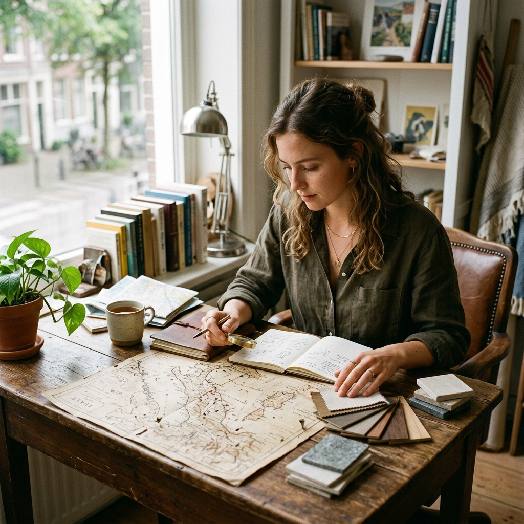Travel editor comparing hotel notes and destination maps