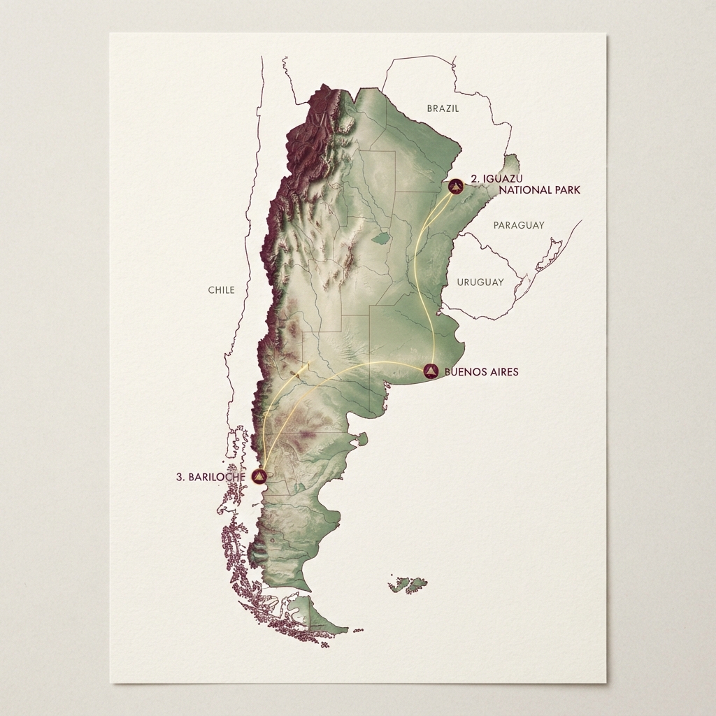 Editorial route map connecting Buenos Aires, Iguazu and Bariloche