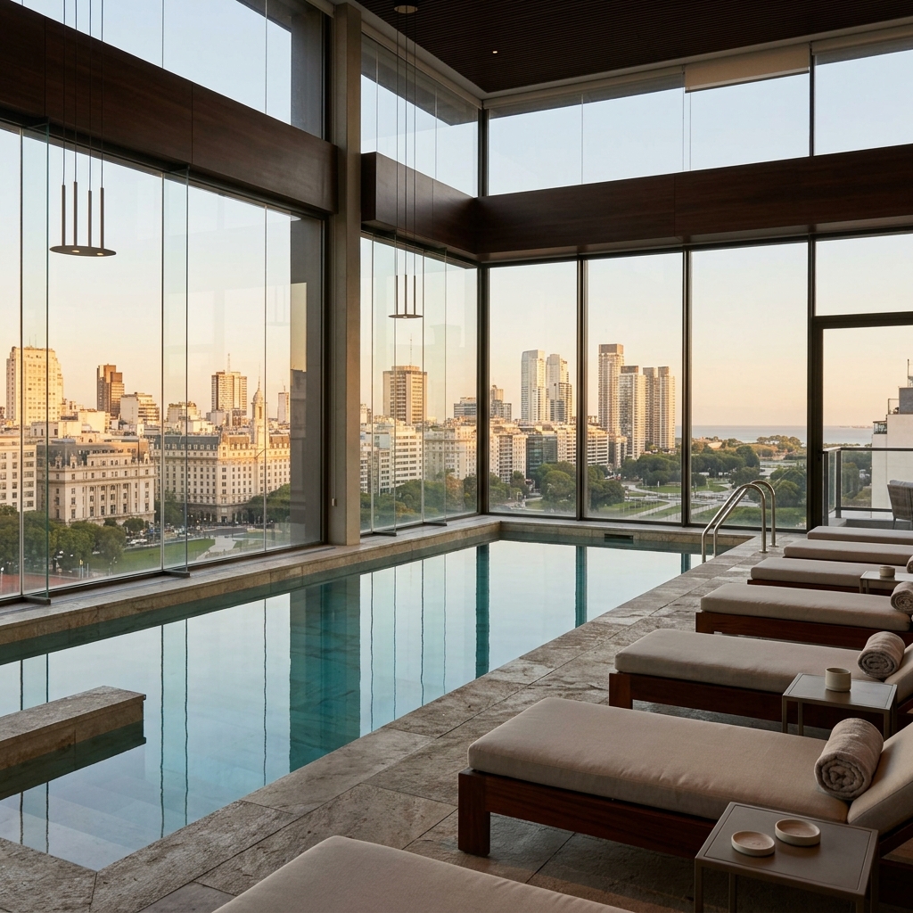 Editorial illustration of an indoor pool and rooftop city view in Buenos Aires