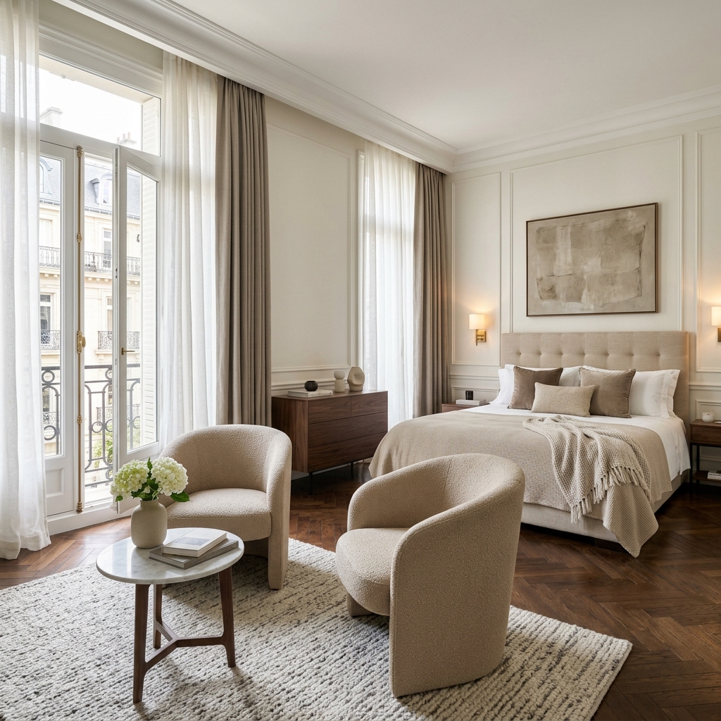 Editorial illustration of a modern French-inspired suite in Buenos Aires