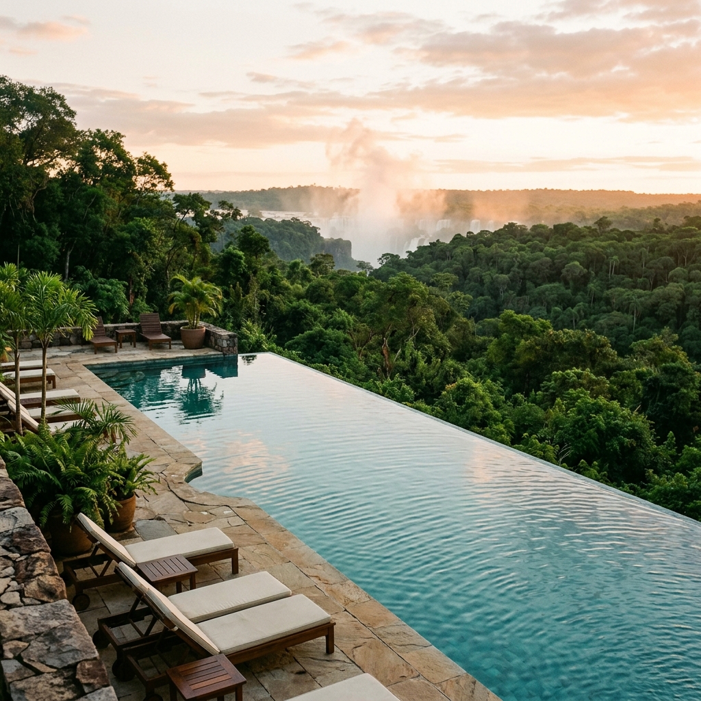 Editorial illustration of an infinity pool overlooking subtropical forest