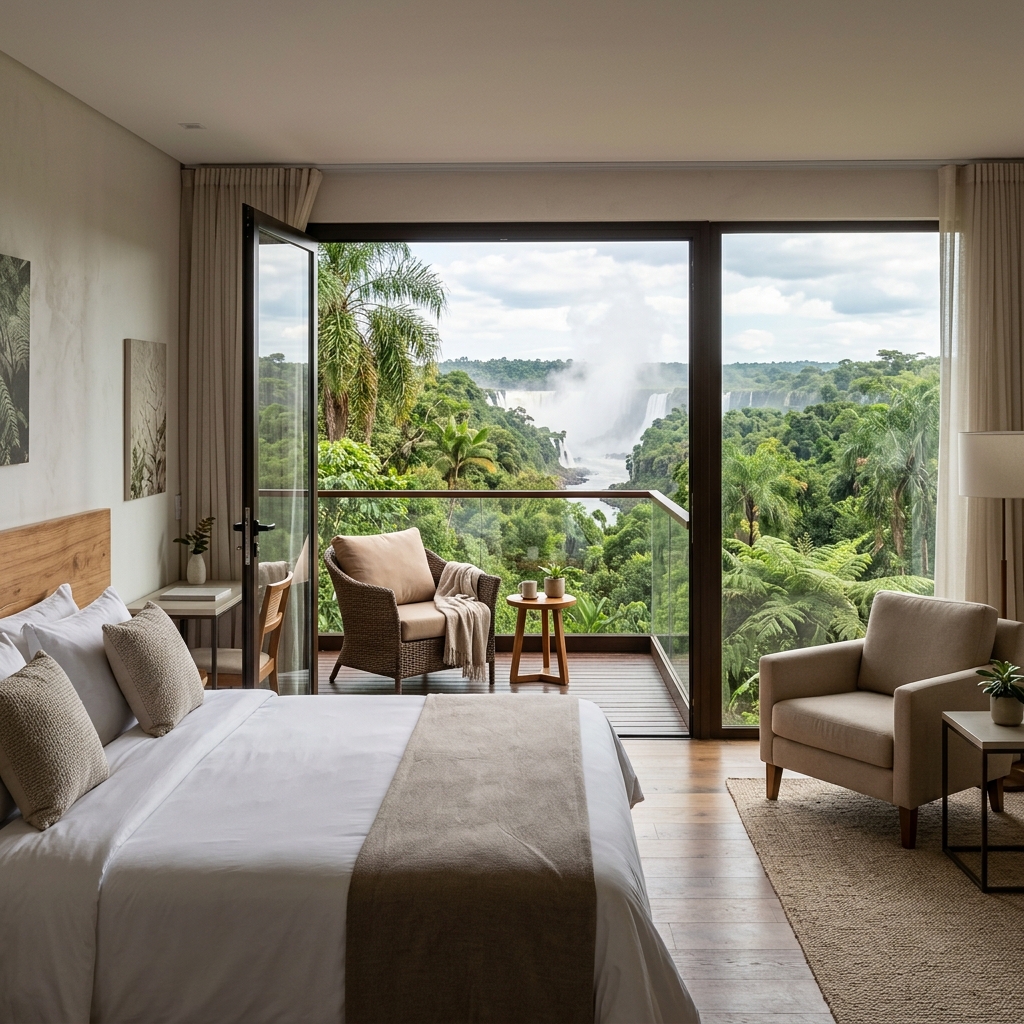 Editorial illustration of a hotel room with a jungle balcony near Iguazu Falls