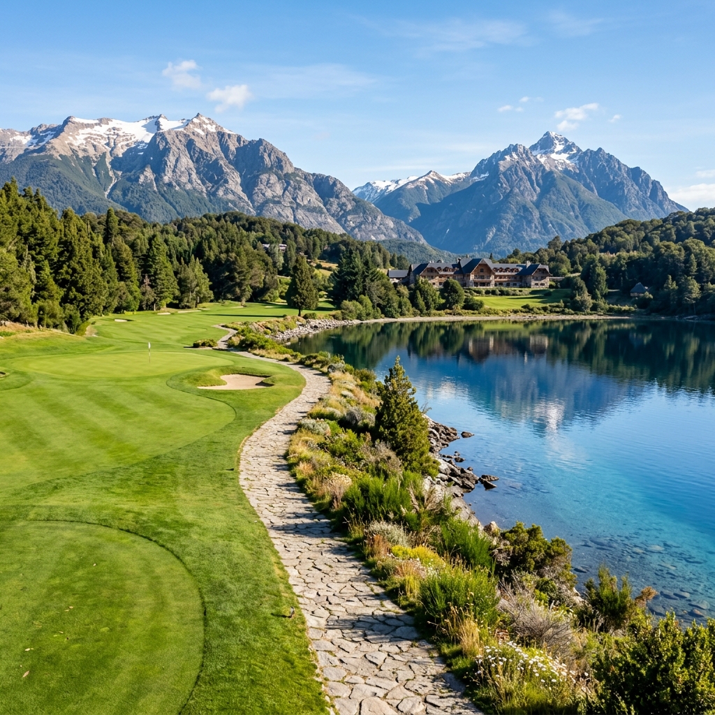 Editorial illustration of a golf landscape beside a Patagonian lake