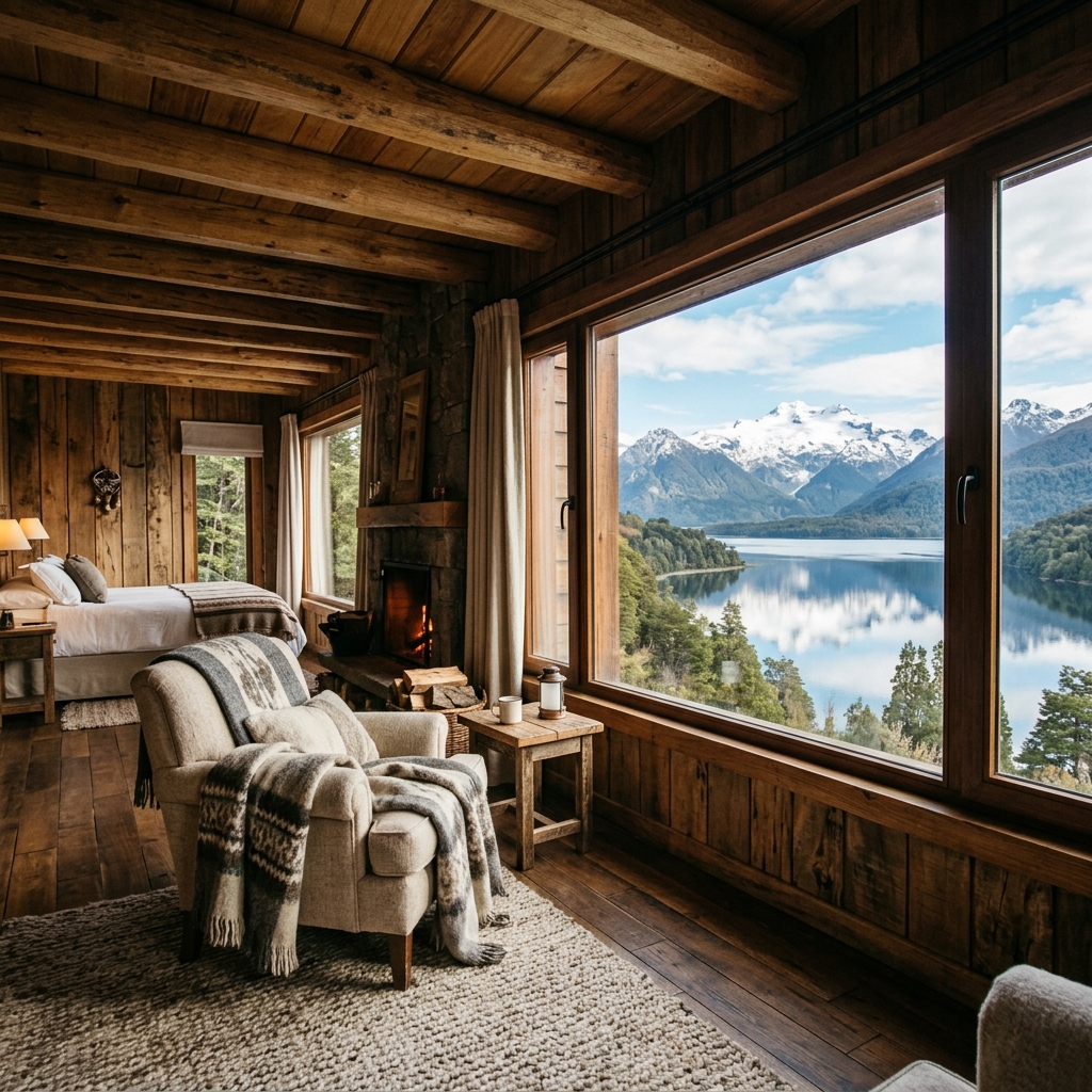 Editorial illustration of a warm Patagonian room with lake and mountain views